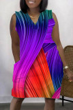 Фуксия Повседневное платье с принтом в стиле пэчворк и V-образным вырезом без рукавов Платья