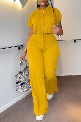 Yellow Casual Solid Bandage Patchwork Zipper O Neck Short Sleeve Two Pieces