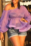 Purple Casual Solid Hollowed Out See-through Oblique Collar Tops