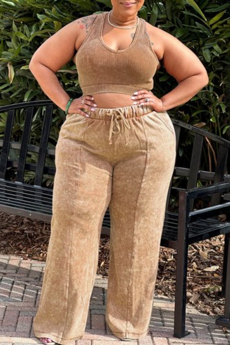 Light Coffee Casual Solid Vests Pants O Neck Plus Size Two Pieces