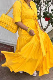 Желтые повседневные сплошные повязки в стиле пэчворк Пряжка с отложным воротником Прямые платья