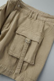 Khakifarbene, lässige, feste Patchwork-Jeansshorts mit hoher Taille und hoher Taille
