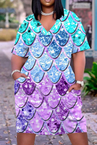 Purple Casual Street Print Patchwork V Neck Straight Dresses