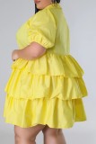 Желтая повседневная сплошная лоскутная юбка с отложным воротником и тортом Платья больших размеров