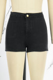 Short en jean skinny noir à taille haute et patchwork uni