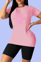 Camisetas esportivas casuais tamanho grande rosa com estampa de letra O decote