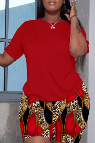Red Rainbow Casual Print Basic O Neck Short Sleeve Two Pieces T-shirt Tops And Shorts Sets