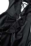 Vestidos pretos sexy lisos sem costas dobrados com alça espaguete sem mangas