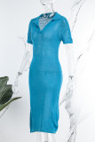 Blå Sexig Casual Solid urholkad V-hals kortärmad klänning
