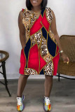 Fuchsia Casual Print Patchwork V-hals ärmlösa klänningar