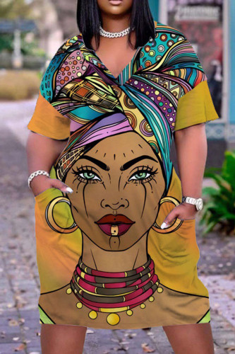 Green Yellow Casual Street Print Patchwork V Neck Straight Dresses