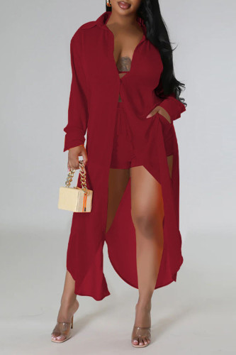 Burgundy Sexy Solid Patchwork Buttons See-through Turndown Collar Long Sleeve Two Pieces(Without Underwear)
