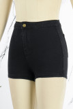 Pantalones cortos de mezclilla flacos de cintura alta de patchwork sólido casual negro