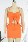 Orange Sexy Solid Draw String Frenulum Backless Halter Sleeveless Two Pieces