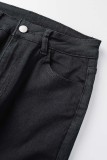 Jeans jeans regular preto casual com borla patchwork cintura alta