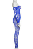 Blue Sexy Casual Solid Pierced Mesh Off the Shoulder Skinny Jumpsuits