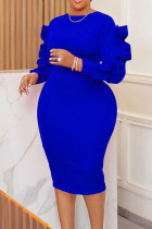 Vestidos de falda de un paso con cuello en O de orillo fibroso de patchwork sólido elegante azul real