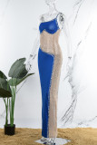 Blauwe sexy patchwork hete boren doorzichtige rugloze lange jurkjurken met spaghettibandjes