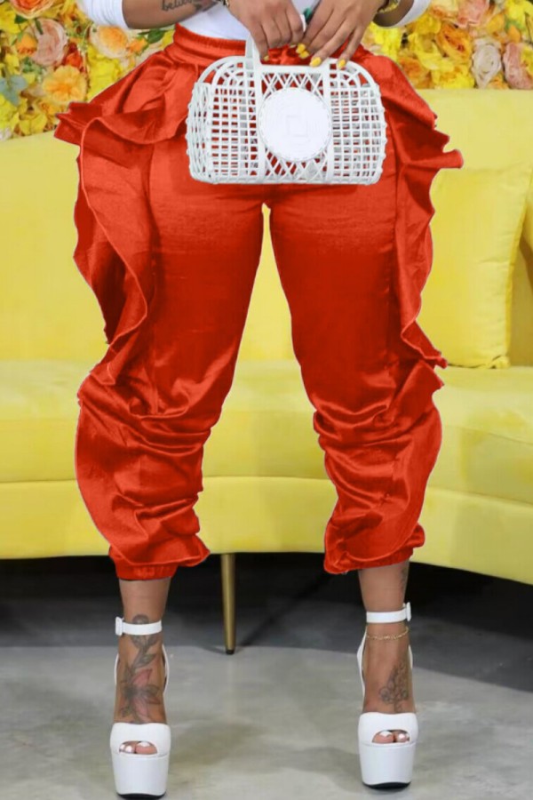 Calças de retalhos convencionais de cintura alta casuais lisas vermelhas