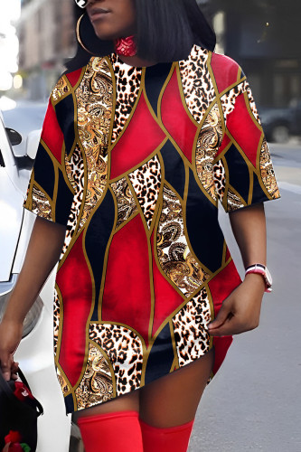 Red Casual Print Patchwork V Neck Short Sleeve Dress