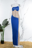 Bleu Sexy Patchwork Hot Drilling See-through Backless Spaghetti Strap Robes Longues
