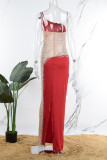 Vestidos longos transparentes com patchwork sexy vermelho transparente sem costas