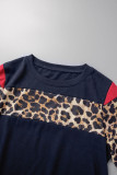 Azul profundo casual estampado leopardo patchwork cuello redondo manga corta dos piezas