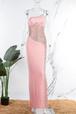 ピンクのセクシーなパッチワーク ホット ドリル シースルー バックレス スパゲッティ ストラップ ロング ドレス ドレス