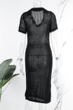 Schwarzes, sexy, lässiges, einfarbiges, kurzärmliges Kleid mit V-Ausschnitt