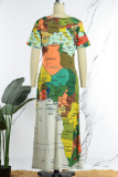 Flerfärgad Casual Print Basic O-hals kortärmad klänning