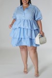 Ljusblå Casual Solid Patchwork Turndown-krage Cake Skirt Plus Size Klänningar