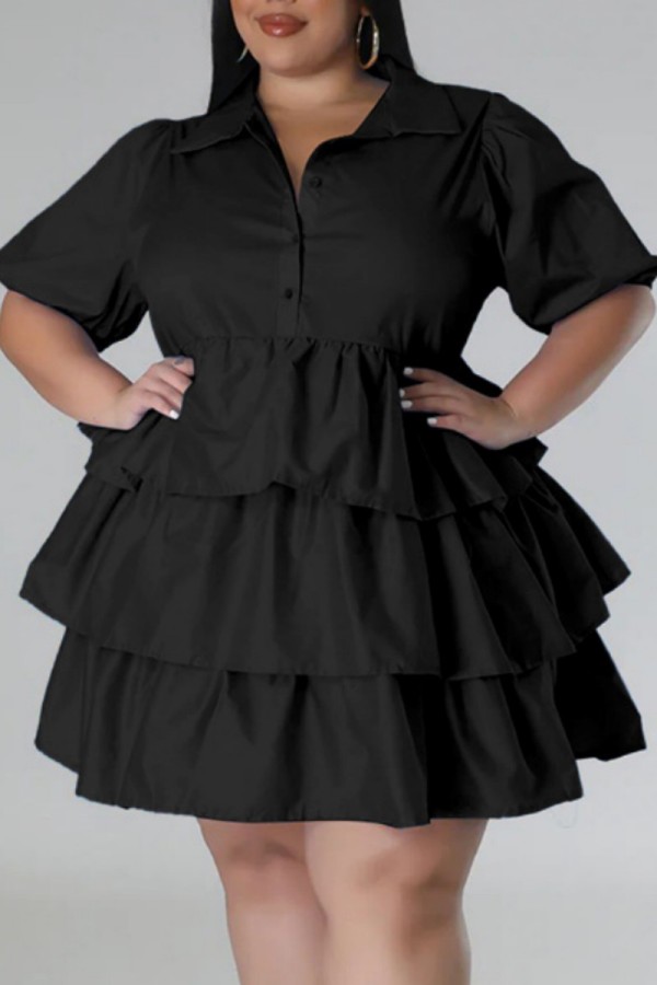 Черная повседневная однотонная лоскутная юбка с отложным воротником и тортом Платья больших размеров