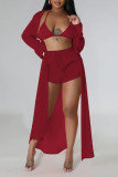 Burgundy Sexy Solid Patchwork Buttons See-through Turndown Collar Long Sleeve Two Pieces(Without Underwear)
