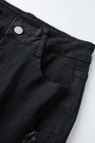 Jeans jeans preto casual rasgado de cintura alta com corte de bota