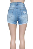 Short en jean bleu taille haute à patchwork uni décontracté