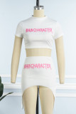 White Sexy Letter Print Basic O Neck Short Sleeve Two Pieces
