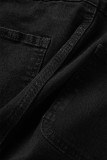 Schwarze, lässige, feste Patchwork-Jeansshorts mit hoher Taille und hoher Taille
