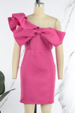 Pink Sexy Solid Patchwork Volant mit Bow Schrägkragen Abendkleid Kleider