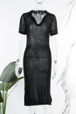 Zwarte sexy casual effen uitgeholde jurk met korte mouwen en v-hals