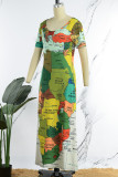 Robes de robe de base à manches courtes multicolores à imprimé décontracté et à col rond