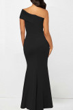ブラック セクシー ソリッド パッチワーク 非対称斜め襟ロング ドレス ドレス