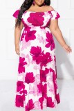 Purple Casual Print Patchwork Off the Shoulder Long Dress Plus Size Dresses