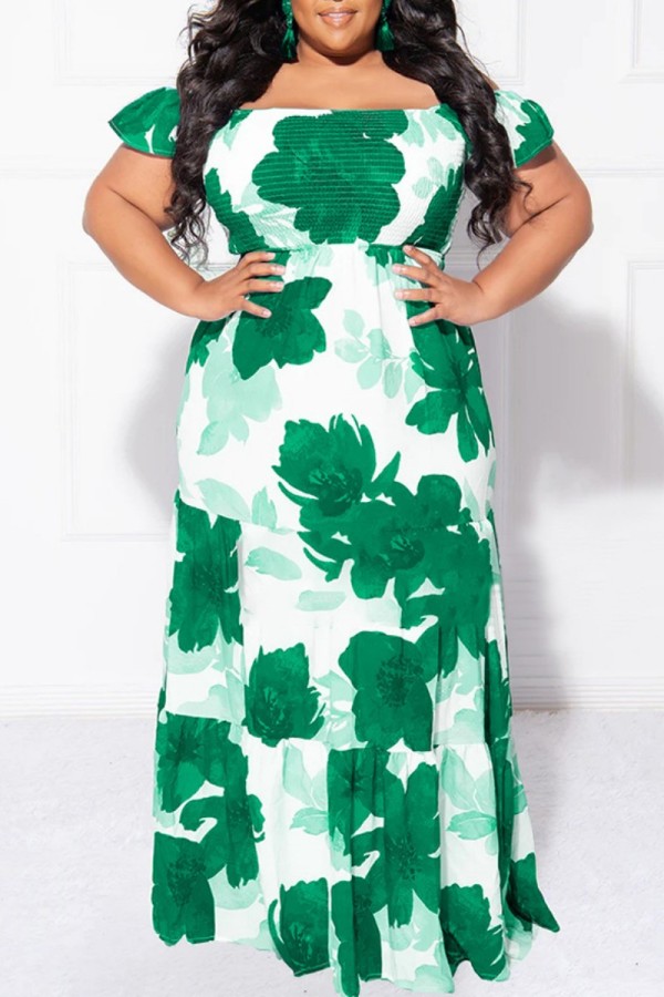 Vestido largo con hombros descubiertos y patchwork con estampado informal verde Vestidos de talla grande