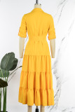 Yellow Casual Solid Bandage Patchwork Buckle Turndown Collar Straight Dresses