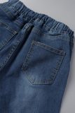 Jeans jeans regular azul escuro casual sólido rasgado cintura alta