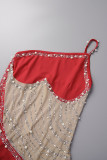 Красное сексуальное лоскутное горячее сверление, прозрачное длинное платье с открытой спиной и бретелями