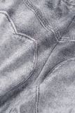 Dunkelgraue Denim-Shorts mit Patchwork-Faltenfalten und hoher Taille und lässigem Print