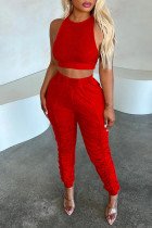 Красный Повседневная спортивная одежда Однотонный Пэчворк Складки О-образный вырез Без рукавов Из двух частей