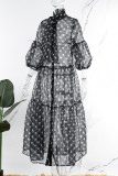 Robe chemise à col en ruban et patchwork à pois imprimé décontracté noir Robes