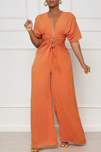 Orange Sexy Solid Bandage Patchwork V Neck Jumpsuits
